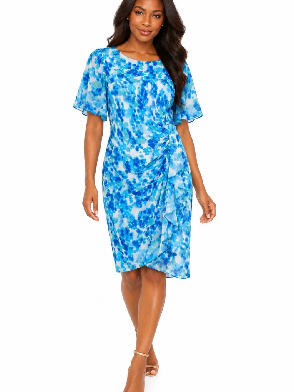 DKNY Blue Watercolor Floral Draped Midi Dress